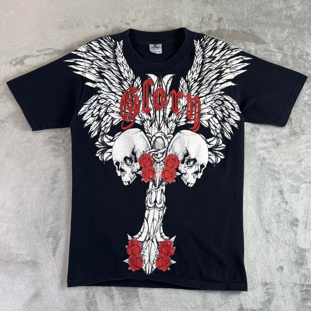 Y2K Yazbek Skull Wings Graphic T Shirt Mens Small Black Gothic Rose Print